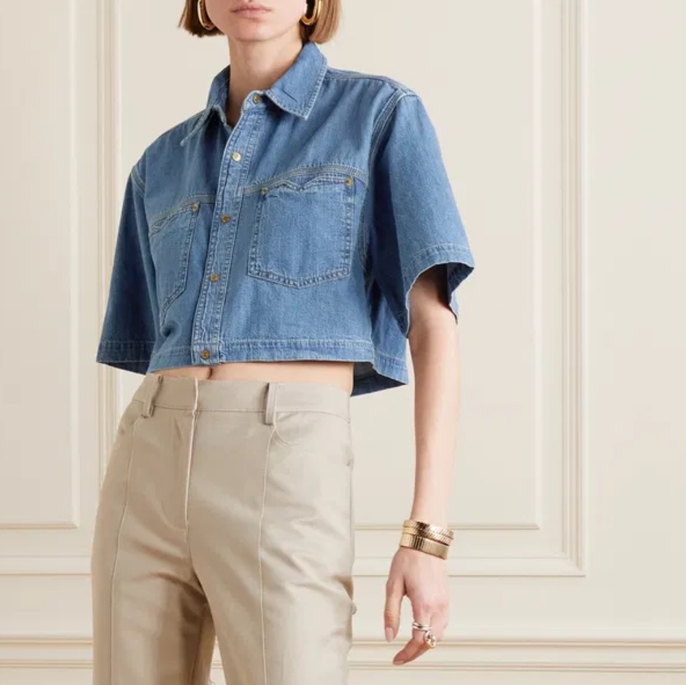 Re/Done Oversized Crop Denim Shirt Short Sleeve Button Up Stoned Ciel Boxy Sz M